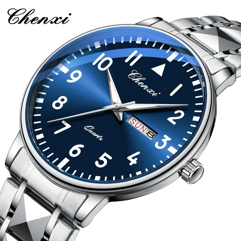 CHENXI 602 Fashion Men's Quartz Watches Luminous Stainless Steel Strap Waterproof Calendar Week Casual Business Men Wristwatch