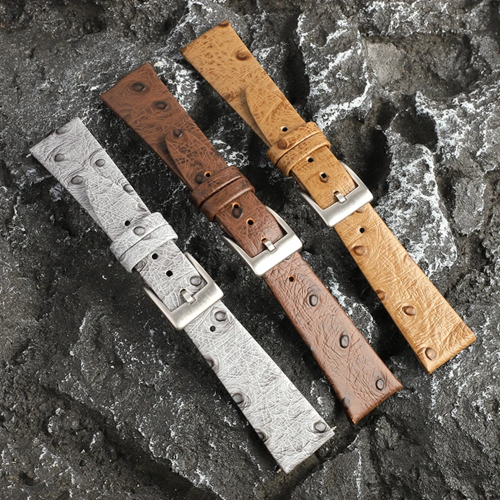 Handmade Genuine Leather Short Watch Strap 19mm Ostrich Pattern Gray Coffee Waterproof Watchband Bracelets for Men Women