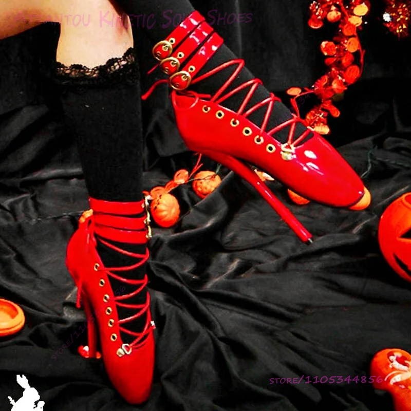 Sandalias de tacón de aguja alto de 18 cm de charol rojo con tiras cruzadas y hebilla en el tobillo, lindas y sexys, zapatos de escenario rosas redondos para bailarinas de pole dance
