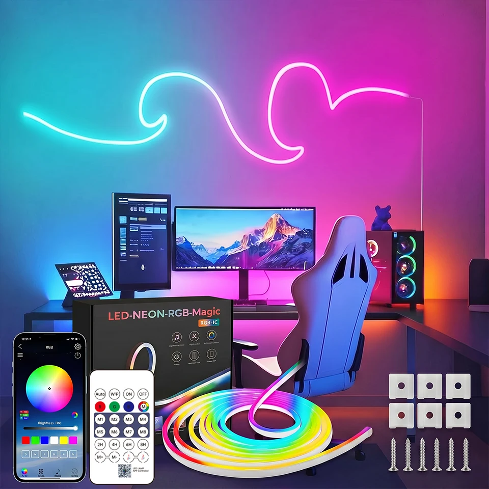 DC5V USB RGBIC Neon LED Strip 1m-10m IP65 Waterproof Bluetooth App Remote Control Music Sync for Room DIY Lighting Decor