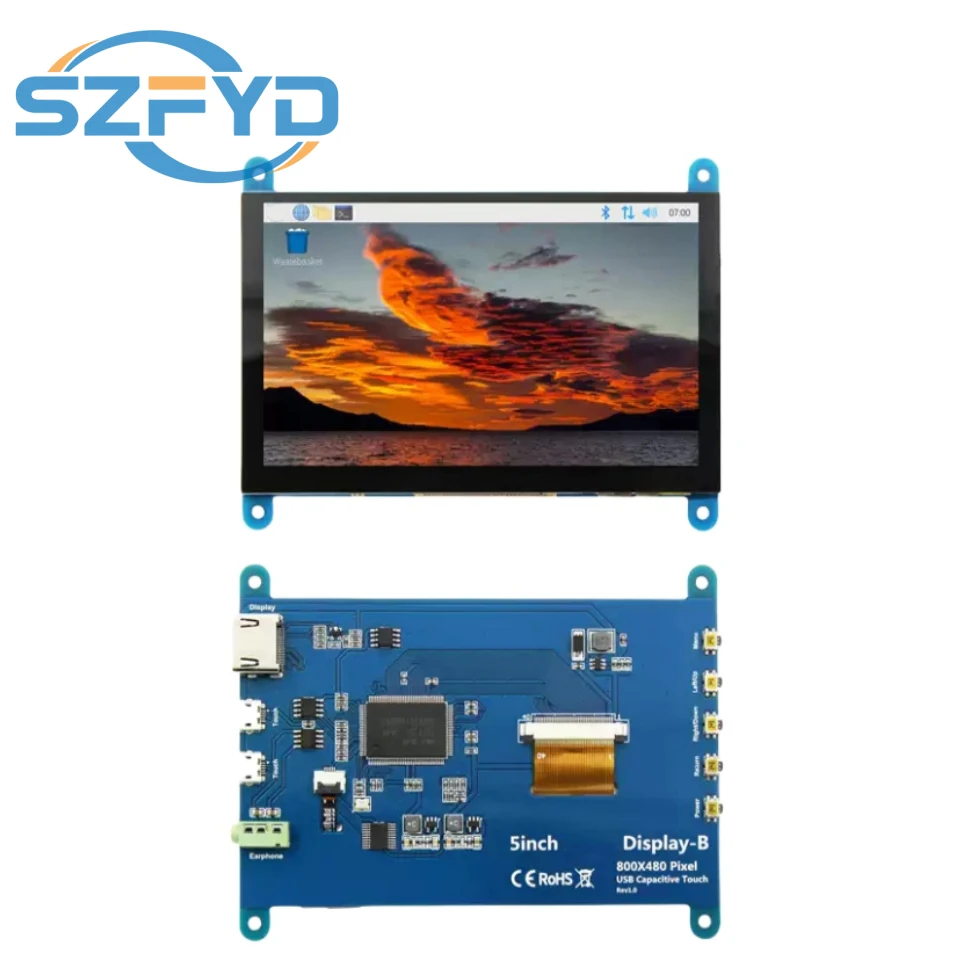 Pantalla Raspberry Pi de 5 pulgadas, 800x480 px, 4B/3B, IPS, USB, 5V, condensador de potencia, pantalla táctil, Compatible con HDMI