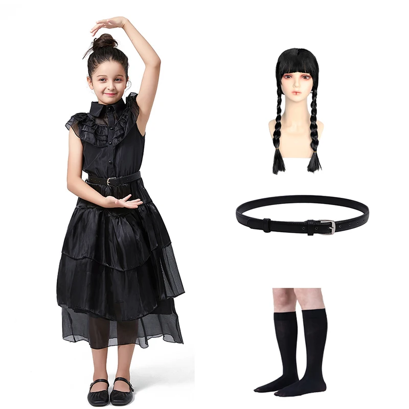 Girls Wednesday Dress Children Addams Halloween Black Clothes Kid Dancing Cosplay Costume Princess Christmas Cosplay Black Dress