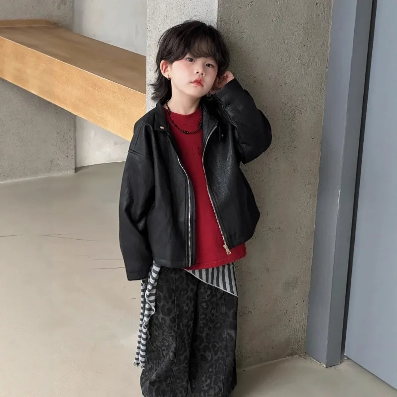 

Новая осенне-зимняя детская кожаная куртка для детей, черная мягкая кожа для сестер, мотоциклетная куртка