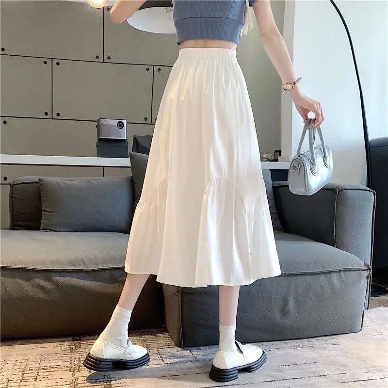 Midi Skirts Women Preppy Style Sweet Schoolgirl Summer Hot Sale Harajuku Simple Elastic Waist Casual Fashion Chic Mujer Faldas