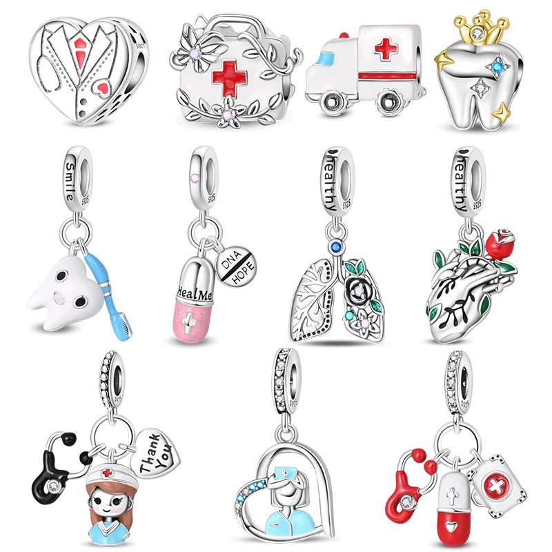 

925 Sterling Silver Physical Health Nurse Medicine Box Stethoscope Charms Medicine Beads Fit Original Bracelets DIY Jewelry