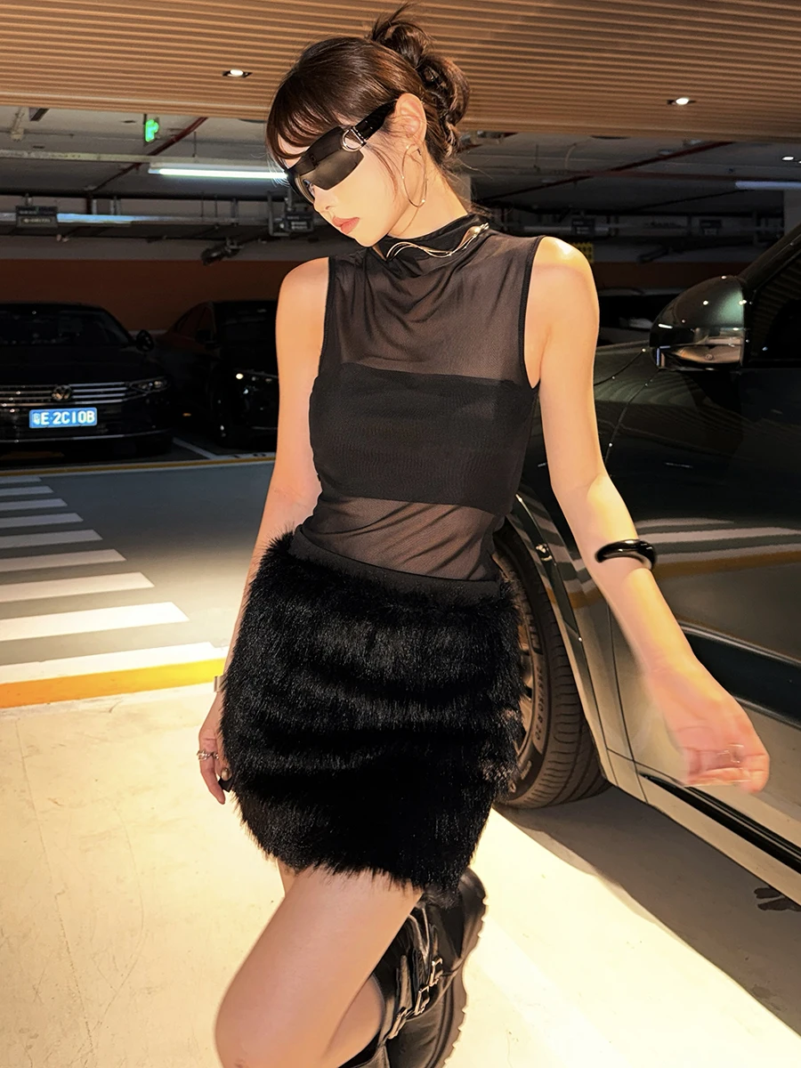 WEIRD PUSS k Sle Svel Plaid Dr Women's Me Splicing Saia peluda moderna tecido de poliéster bodycon Dr