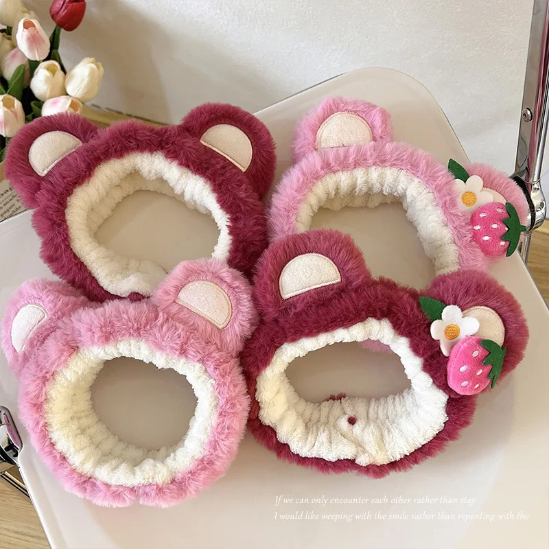 Kawaii Hairband Strawberry Bear Plush Ears Headband Cartoon Face Wash Non-Slip Cute Headdress Hair Hoop Headband Accessoires