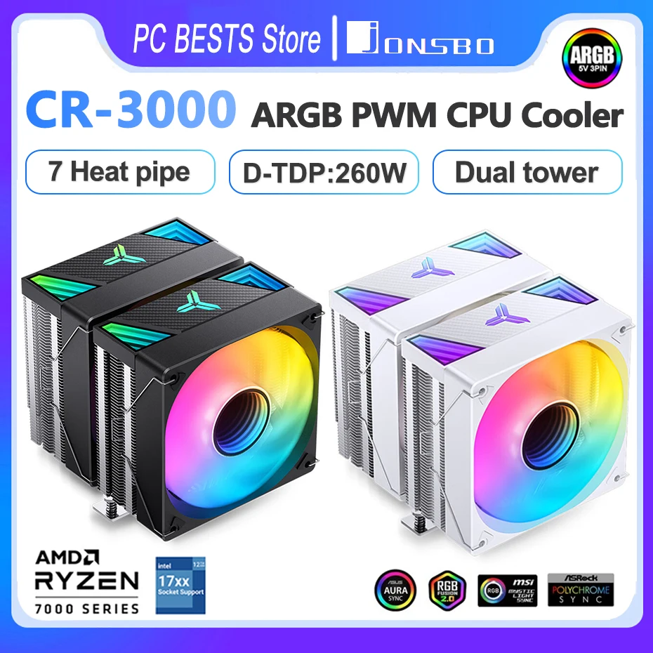 

Jonsbo CR-3000 ARGB 7 Heat Pipe Radiator Dual Tower PWM CPU Cooler 120mm Cooling Fan Intel LGA1700 1200 115X 2011 AMD AM4 AM5