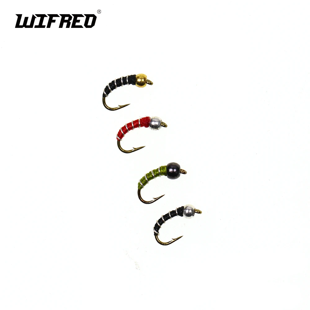 Wifreo 12 piezas 18 #   Gancho de latón con cabeza de cuentas, cebra, midge, mosca, trucha, ninfa, midge, Pupae, zumbador, Larva, anzuelo atado, pesca de trucha, señuelo con mosca