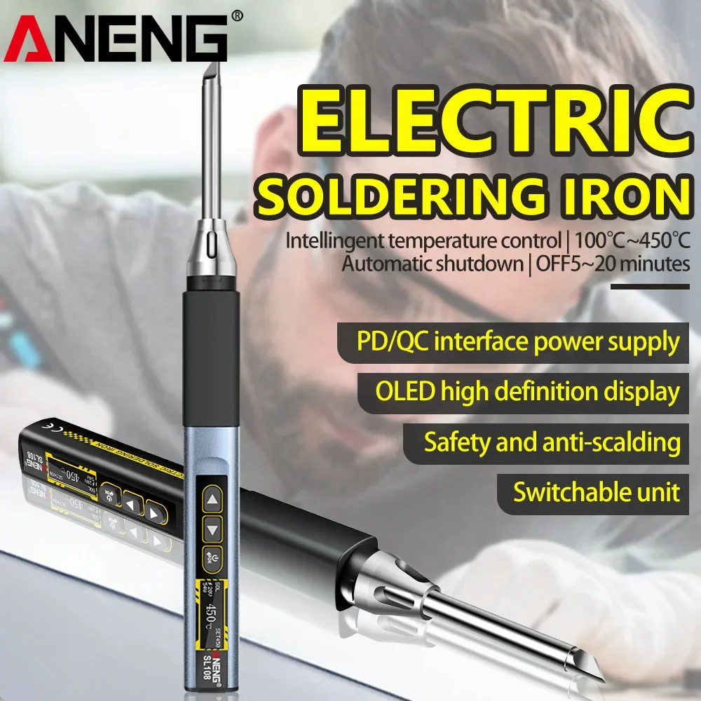 

Набор электрических паяльников 96 Вт PD QC с регулируемой температурой и быстрым нагревом, портативный цифровой умный паяльник ANENG SL108, инструменты
