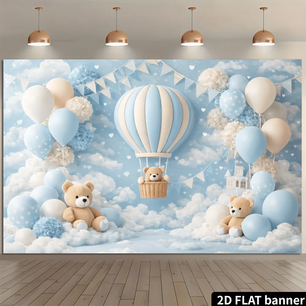 Ein 2D-Hintergrundbild mit blauen und weißen Heißluftballons, mit Luftballons, Hortensien und einem Bären, der auf den Wolken sitzt. – Detail 2