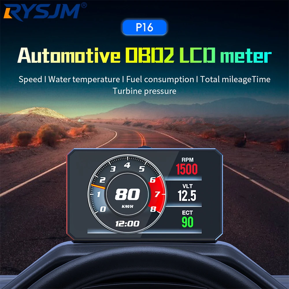 P16 Car HUD OBD2 Head Up Display Digital Speedometer KMH MPH Tachometer Water Oil Temp Turbo Pressure Over Speed Security Alarm