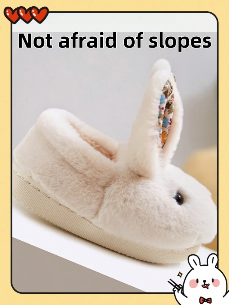 A pair of children's wool slippers in the shape of a cute cartoon long-eared rabbit, with a back heel cover for warmth and comfo