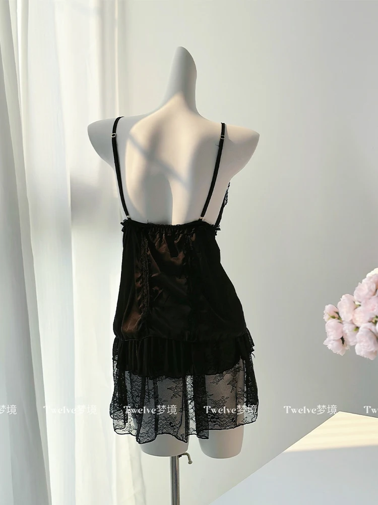 Women Black Lace Nightgown Summer Night Dresses Sleeveless Sleepdress Mini Home Underwear Bodysuit Exotic Pijamas Nightwear 2024