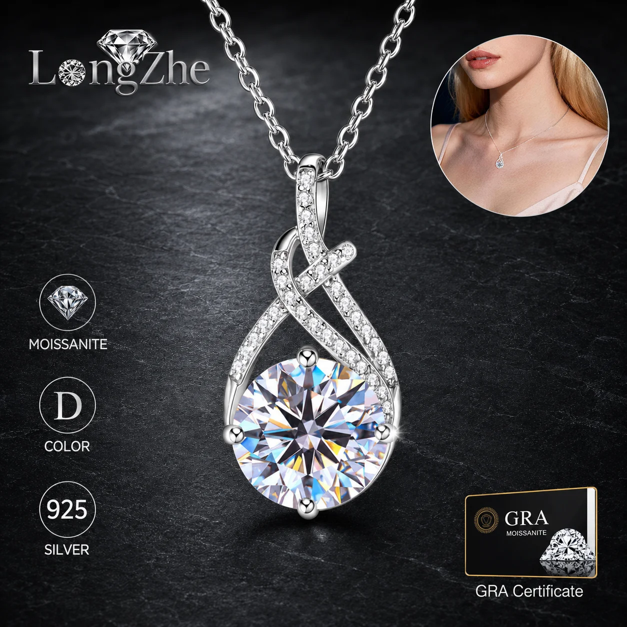 S925 Sterling Silver Moissanite Necklace 2CT Round Cut Twisted Knot Pendant for Women Wedding Anniversary Fine Jewelry Gift