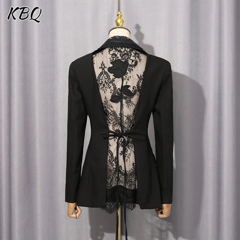 

KBQ Solid Hollow Out Lace Chic Jackets for Women Lapel Long Sleeve Patchwork Pockets Slimming Blazer Female Fashion Style New