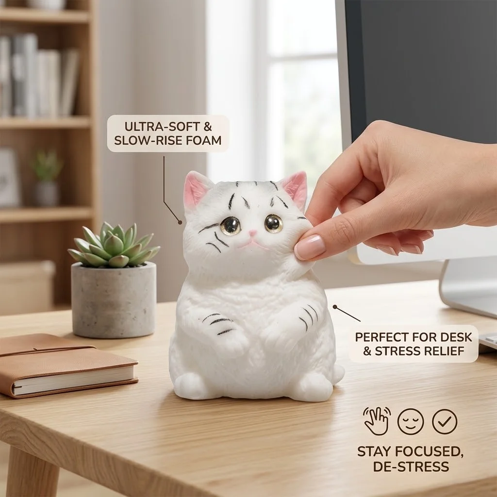 Adorable White Cat Squishy, Soft Squeeze Fidget Toy, Kawaii Sensory Stress Relief, Satisfying Squish, Cute Desk Toy