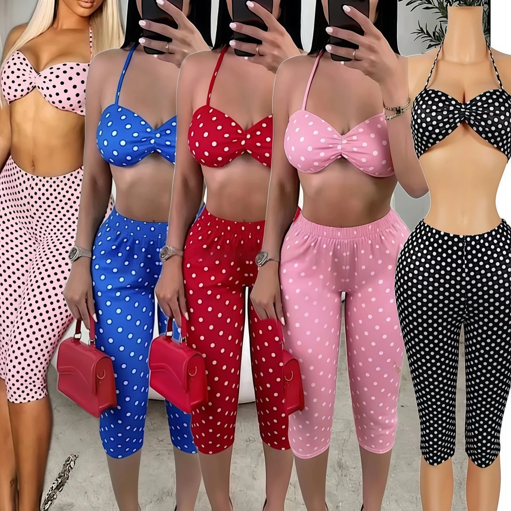

FAGADOER Fashion Polka Dot Print Woman 2 Piece Set Outfit Spaghetti Strap Sleeveless Backless Crop Top + Pants Female Streetwear