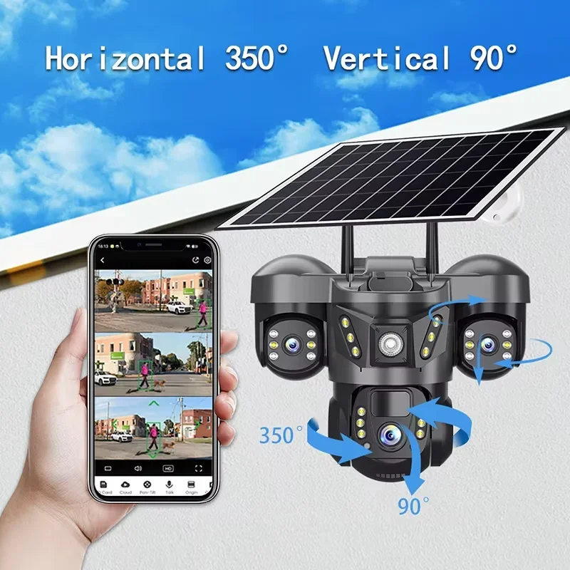 V380 Pro  Wireless WiFi Solar Camera Three Lens Three Screen Human Detection 4G Sim Card Solar CCTV IP Camera