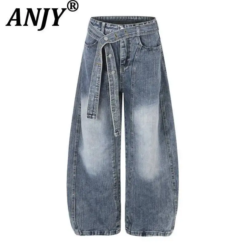 

ANJY Spring Autumn New Women Trend Washed Sashes Decoration Casual Denim Pants Distressed High Street Niche Stylish Jeans A24117