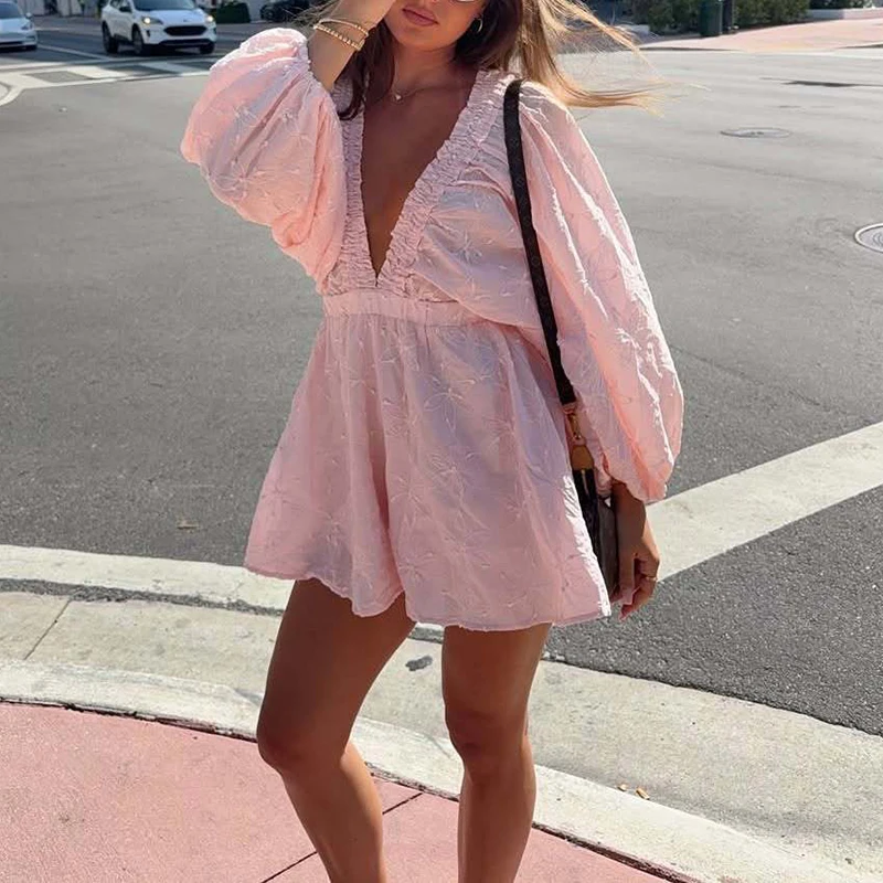 

Summer New High Waist Solid Rompers Fashion Simple Women's Loose Playsuits Overalls Elegant V-neck Lantern Long Sleeve Jumpsuits