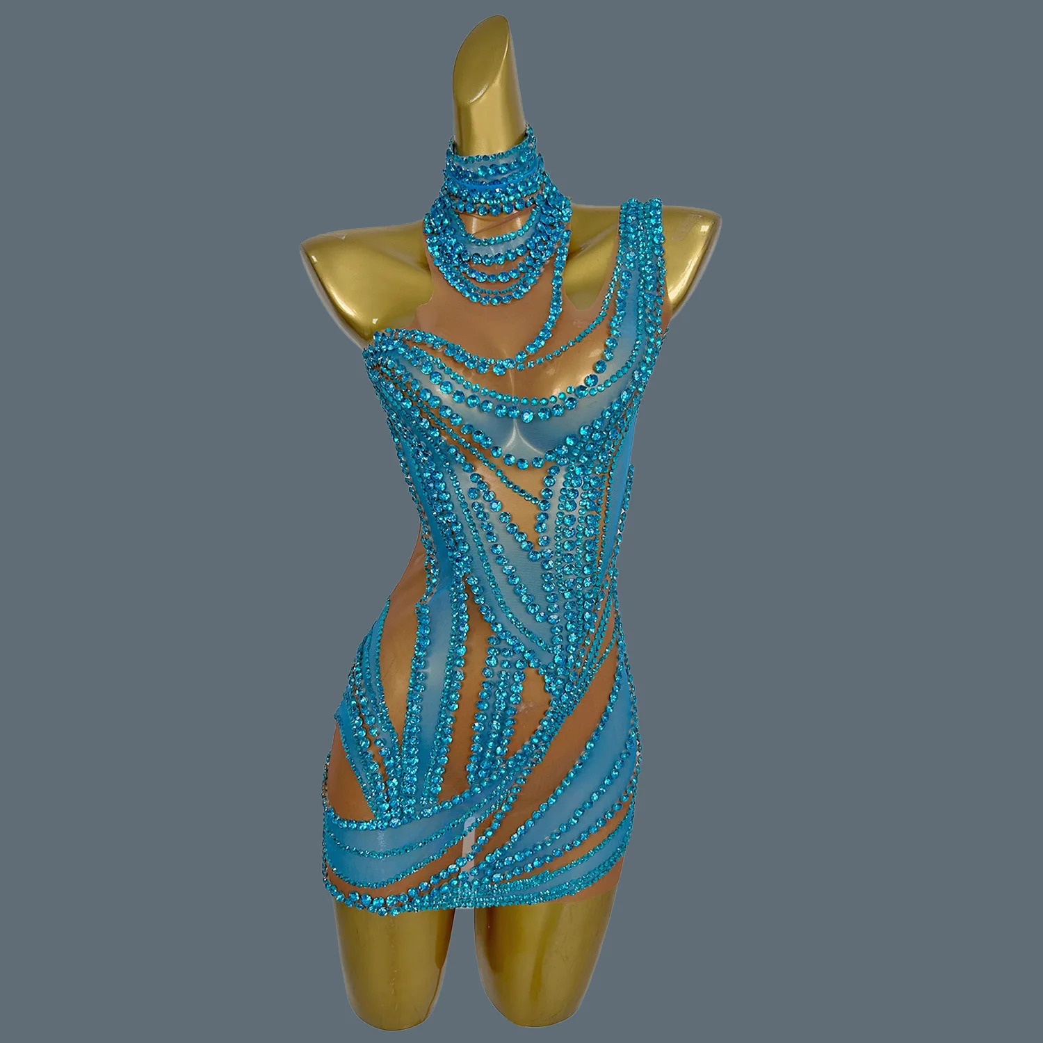 Minivestido brillante con diamantes de imitación para chica, vestido Sexy de malla transparente para fiesta, evento, graduación, celebración de cumpleaños, ropa para espectáculo de cantante Liuzhuan