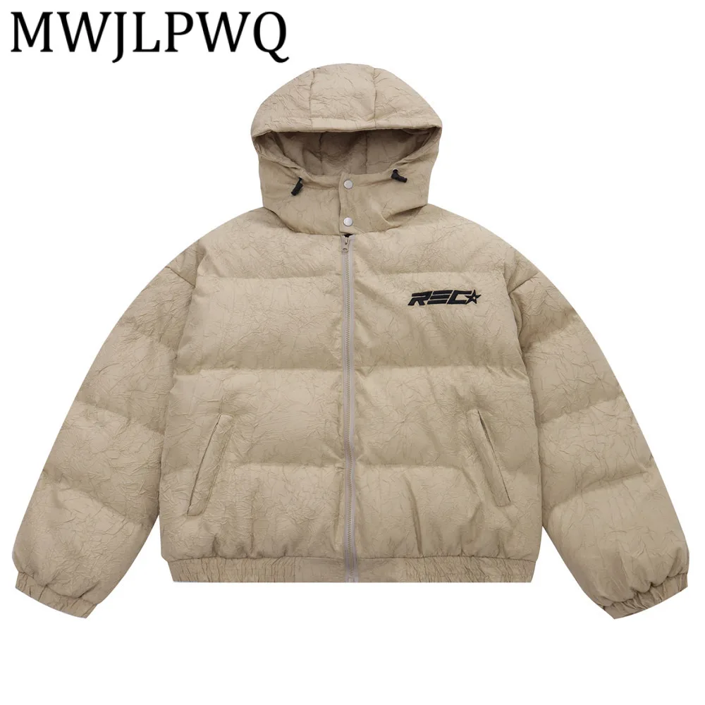 

MWJLPWQ Trendy Winter Bread Jacket For Men Design Sense Textured Wrinkles Warmth Thickened Loose Fit Hooded Cotton Coat 21881