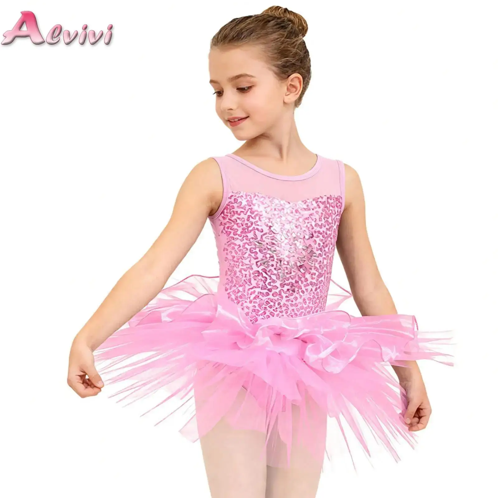 

Girls Sleeveless Sequins Ballet Dance Leotard Tutu Dress Ballerina Dancewear Children Gymnastic Modern Stage Performance Costume