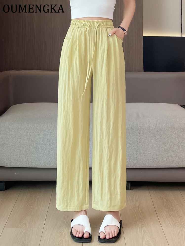 Women Summer Thin Breathable Linen Pants Female High Elastic Waist Drawstring Beachwear Holiday Straight Trousers with Pocket