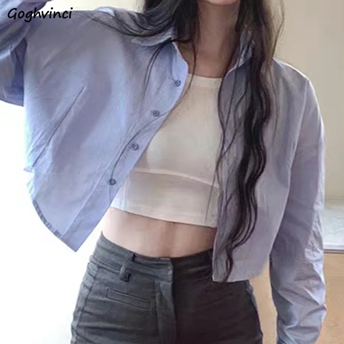 Shorts Shirts Women Long Sleeve Solid Color Loose Korean Style Spring Chic All-match Elegant Hot Girls Simple Clean Fit Tops