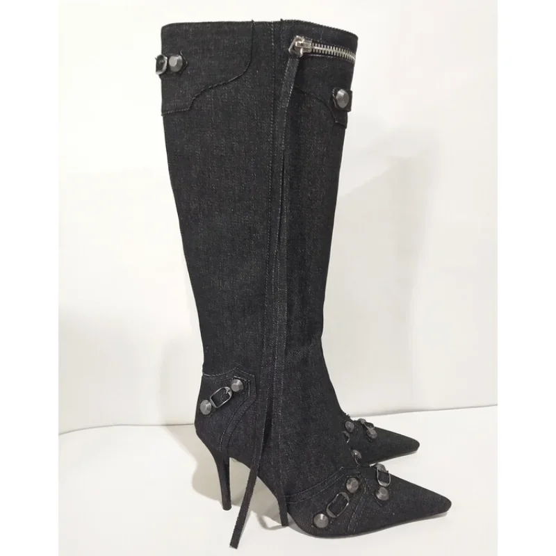 New 2024 Brand Design Knee High Boots Fashion Rivet Pointed Thin Heel Women\'s Boots 34-43 Fashion Hot Girls Denim Model Boots