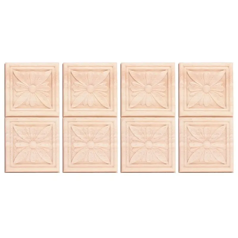 A51M-8Pcs Wood Carved Applique Onlay Carving Checkered Unpainted Flower Pattern Decal For Cabinet Door Furniture Decoration