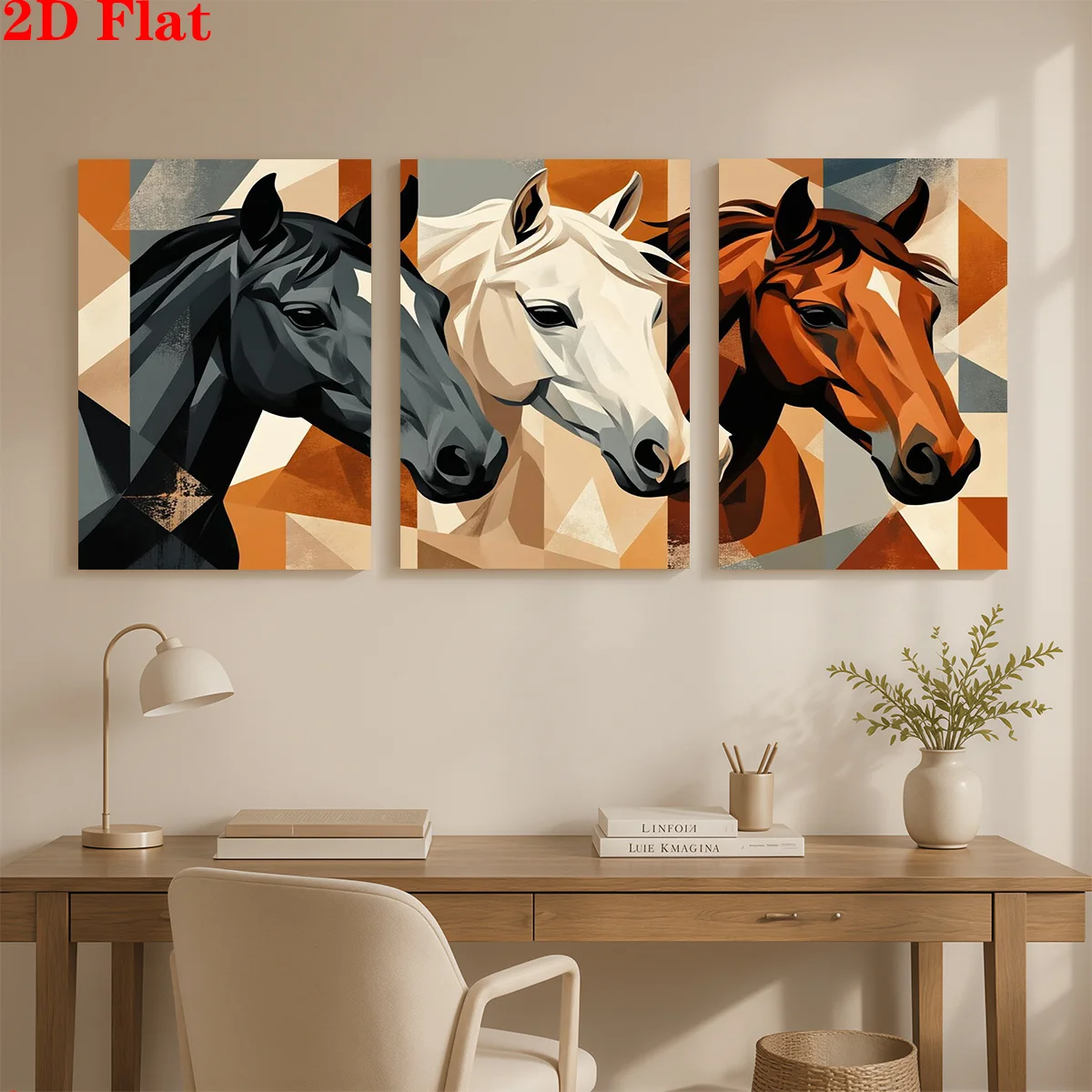 Frameless Canvas 2D 3pcs Canvas Art Wall Hanging- Three Horse Heads In Geometric Art. Suitable For Decorating Offices, Dinin