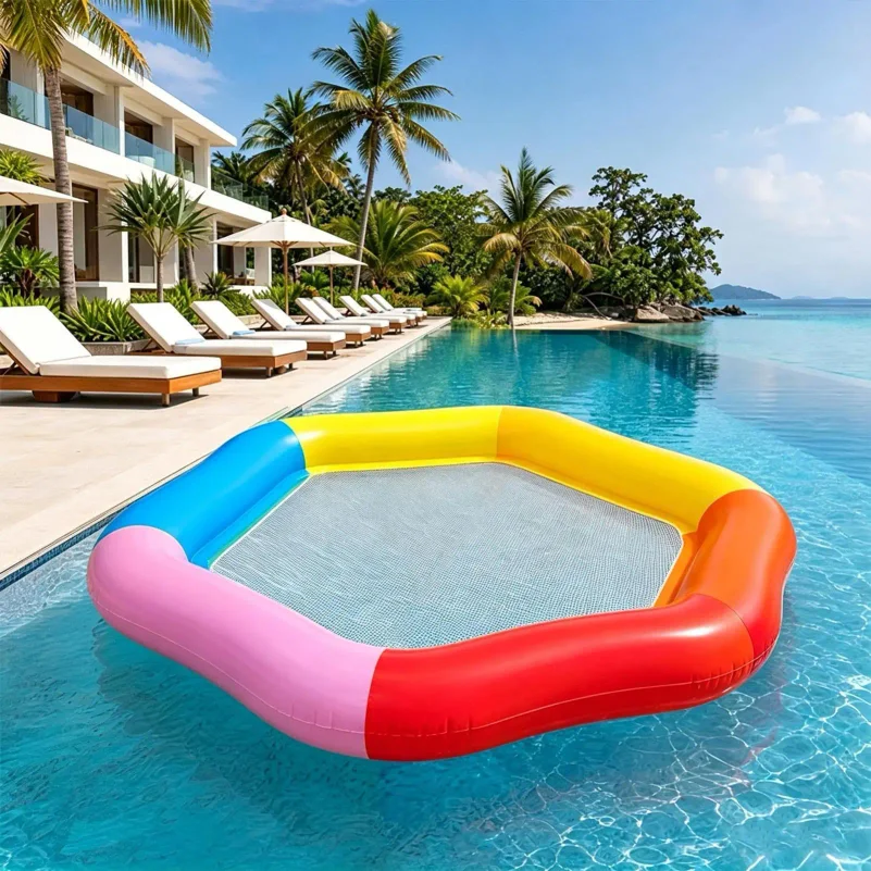 Adult Rainbow Hexagon Inflatable Pool Float with Mesh Seat Couple Water Hammock Lounger Summer Swimming Pool Floatie for Several