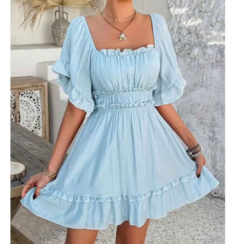 Robes élégantes pour femmes, nouveau Style de vacances décontracté, couleur unie, bord d'oreille, manches courtes, Mini robe de soirée courte, été 2025