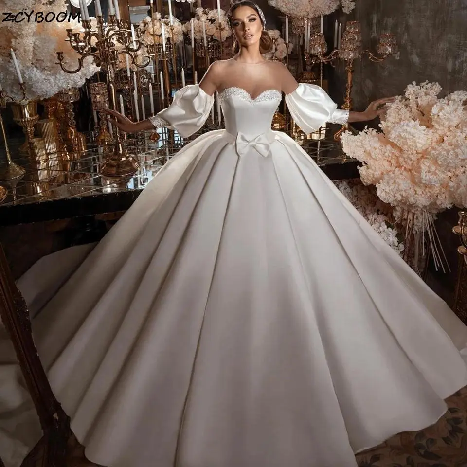 Elegante weiß/elfenbeinfarbene Ballkleid-Hochzeitskleider 2025, Laternenärmel, Illusion, Perlenstickerei, Brautkleider, Kapellenzug, Vestidos de Novia