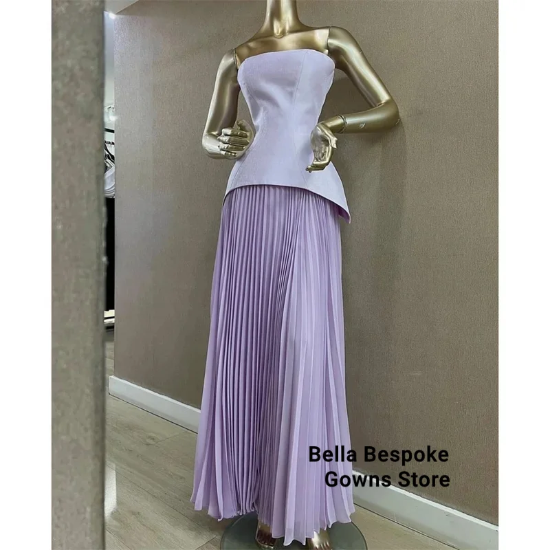 

Dubai Customized Purple Ankle-Length A-line Prom Dresses Zip Strapless Chiffon Evening Dresses Sleeveless Party Dresses