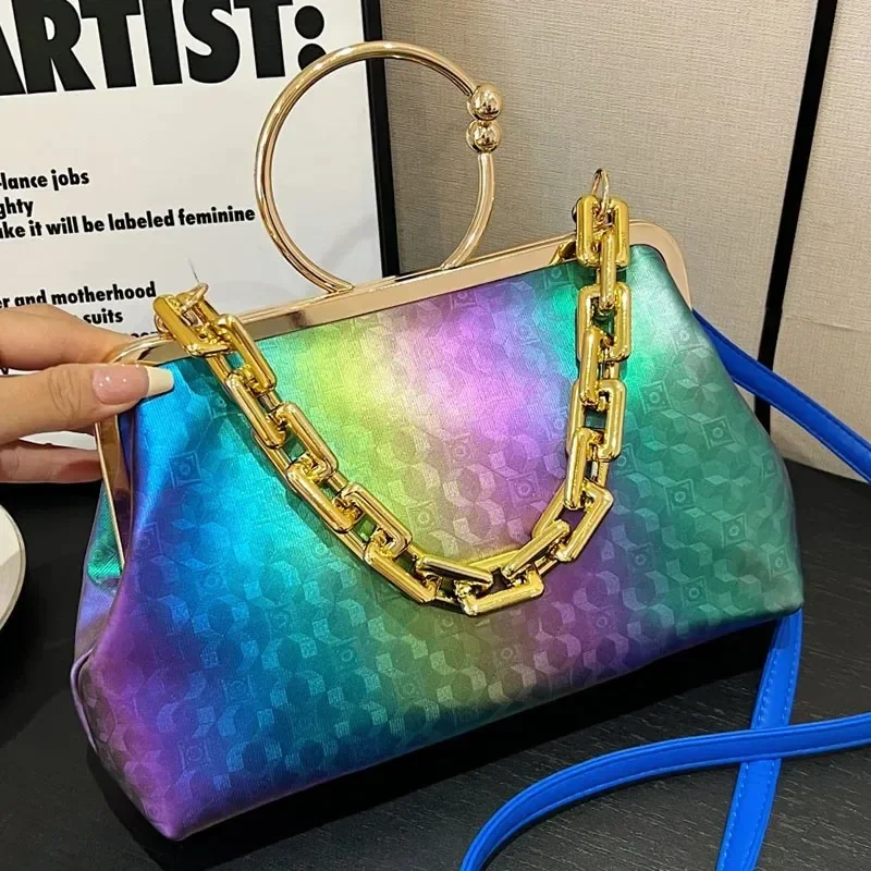 New Designer Women Bling Clip Shell Evening Party Wedding Clutch Lady Thick Chain Messenger Bags Gold Blue PU Leather Handbags