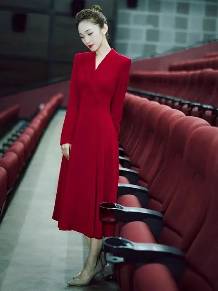 

Red V-Ne Long Sve Wedding Dr for Engagement And Anniversary Celebration Faionable Mid-Waist Bodycon Gown Polyester ...