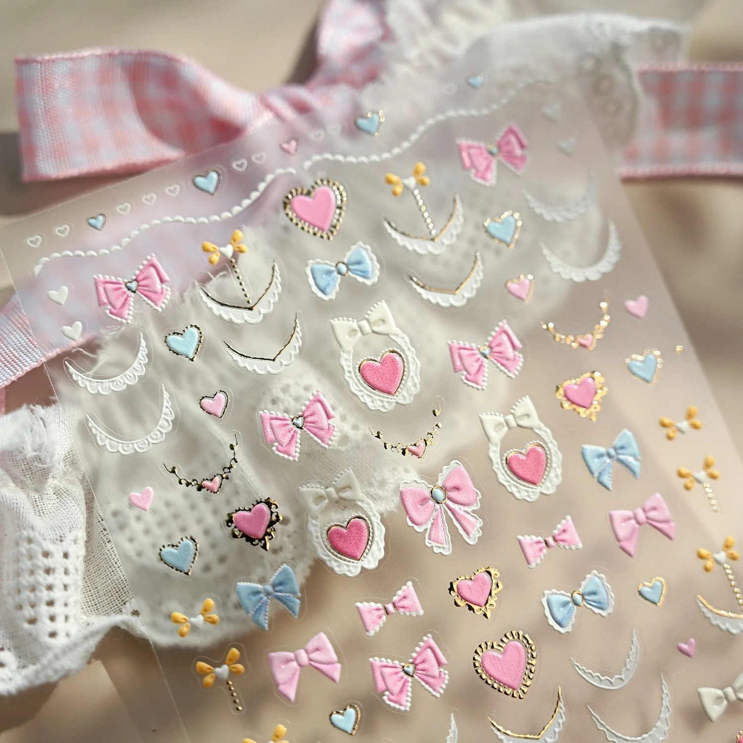 Lovely Pink Blue White Lace Bowknot Love Heart Gold Stamped 5D Reliefs Self Adhesive Nail Art Stickers Cute 3D Manicure Decals