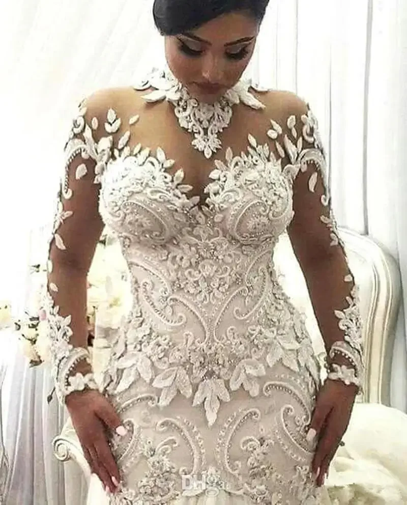 Vestidos de casamento de mangas compridas personalizados ilusão nigéria gola alta apliques frisados dubai castelo árabe sereia