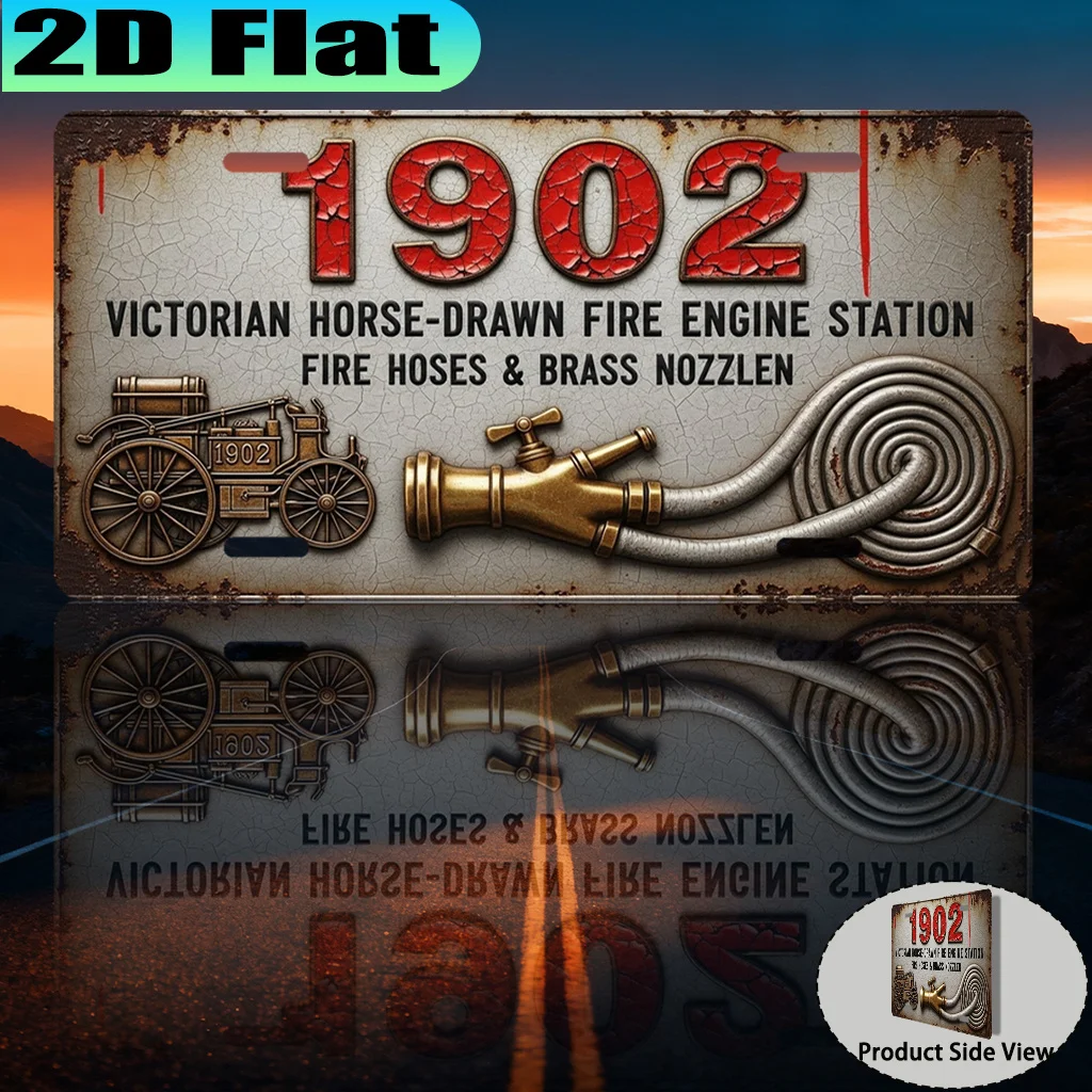 2D Flat, [2D Flat] 1pc, 1902 Victorian Horse-Drawn Fire Engine Station Vintage Aluminum Sign (30.48 X 15.24cm), for Decorative P