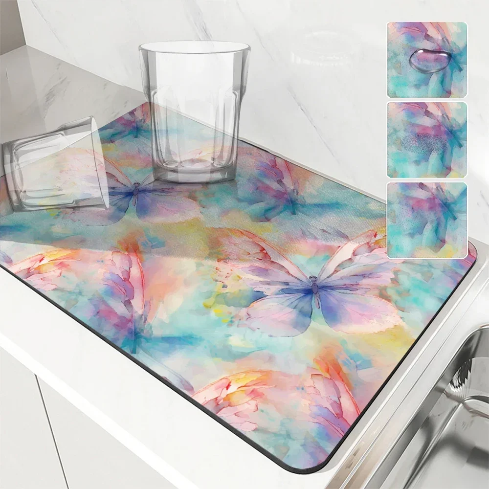 Watercolor Style Absorbent Mat Insect Butterfly Draining Mat Kitchen Tableware Drying Tableware Non-slip Carpet Tableware