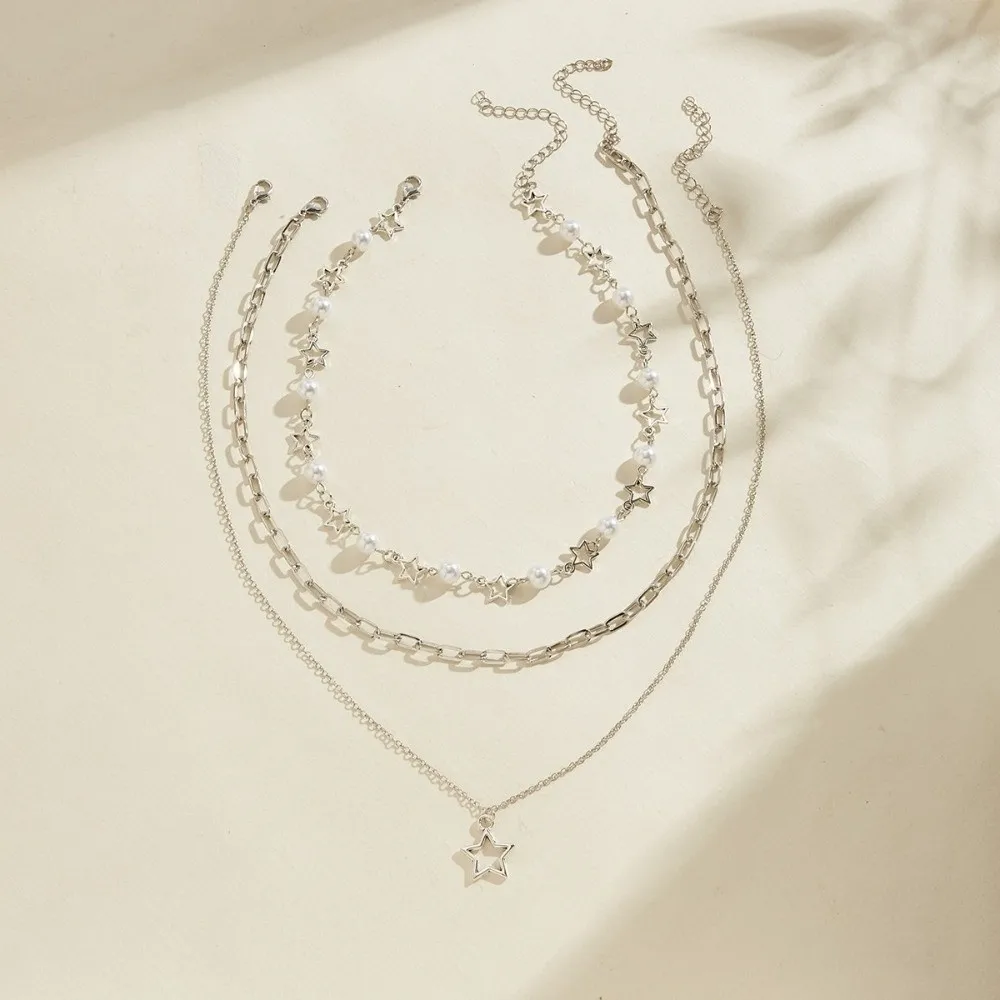 Fashion Y2K Style Star Pendant Multi Layered Silver Chain Metal Statement Jewelry