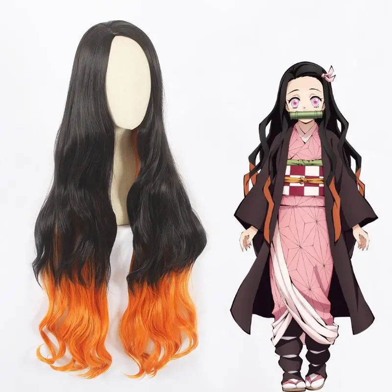 Rose Net Stove Door Ni Dou Ghost Annihilation Blade Versatile COS Long Curly Hair Partial Split Wig Head Cover Dyeing Gradient