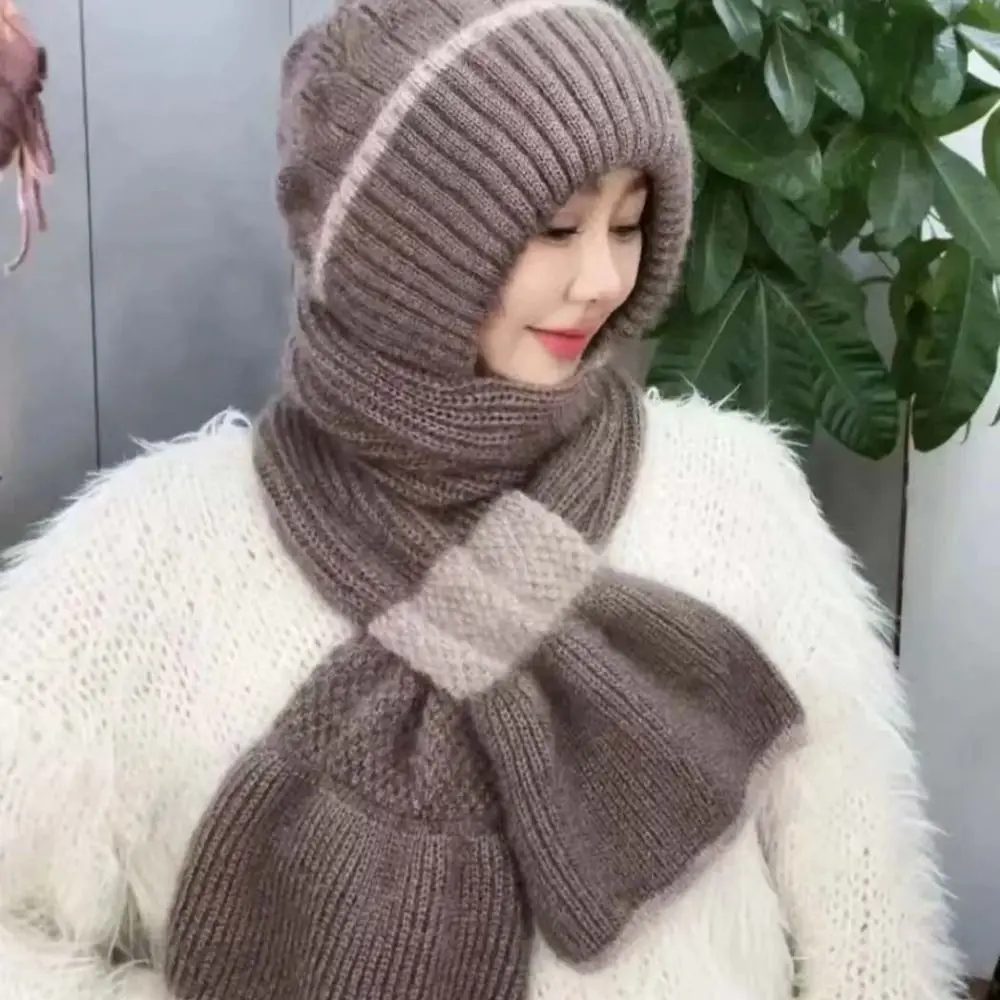 Patchwork Design Knitted Hat Scarf Set Fleece Lined Thick Knit Hooded Scarf Hat All In One Windproof Integrated Hat Scarf Combo