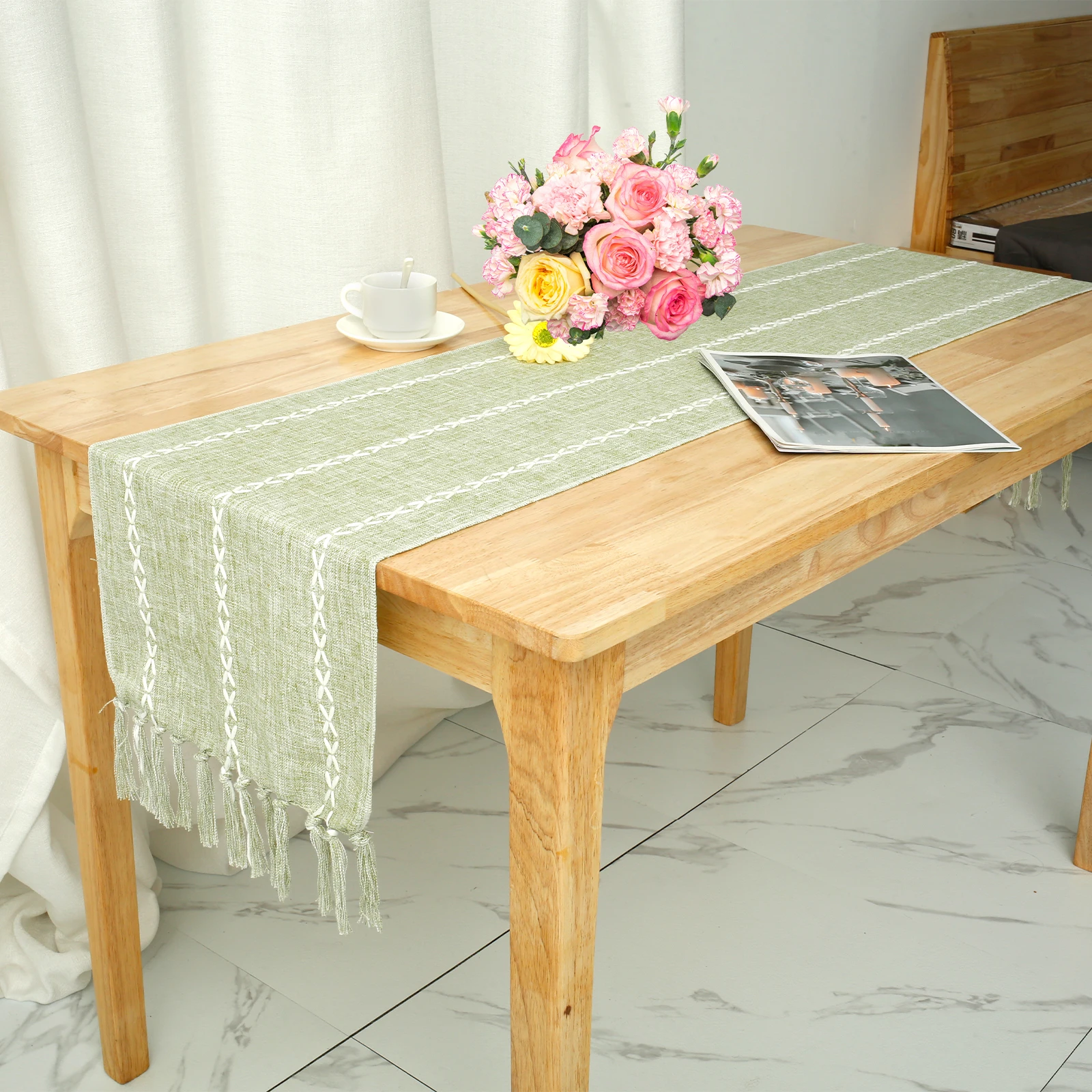 2Pcs Macrame Table Runner Cotton Linen Embroidered Table Runner with Tassel Decorative Farmhouse Table Runner for Wedding and