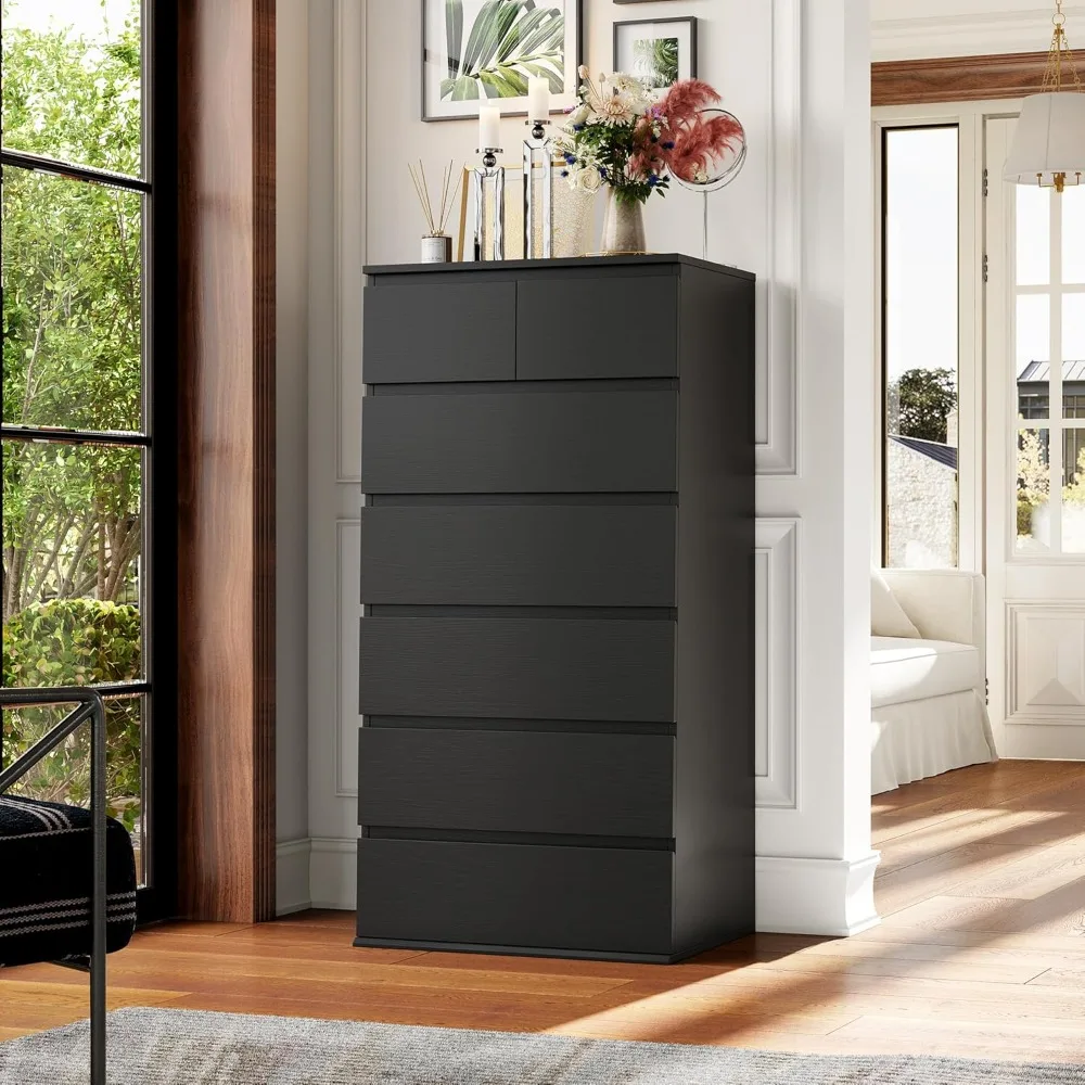 7 Drawer Dresser, Black Dresser Tall Dresser, 23.6W x 15.7D x 46.7H in Black Chest of Drawers with Large Storage Space for Home