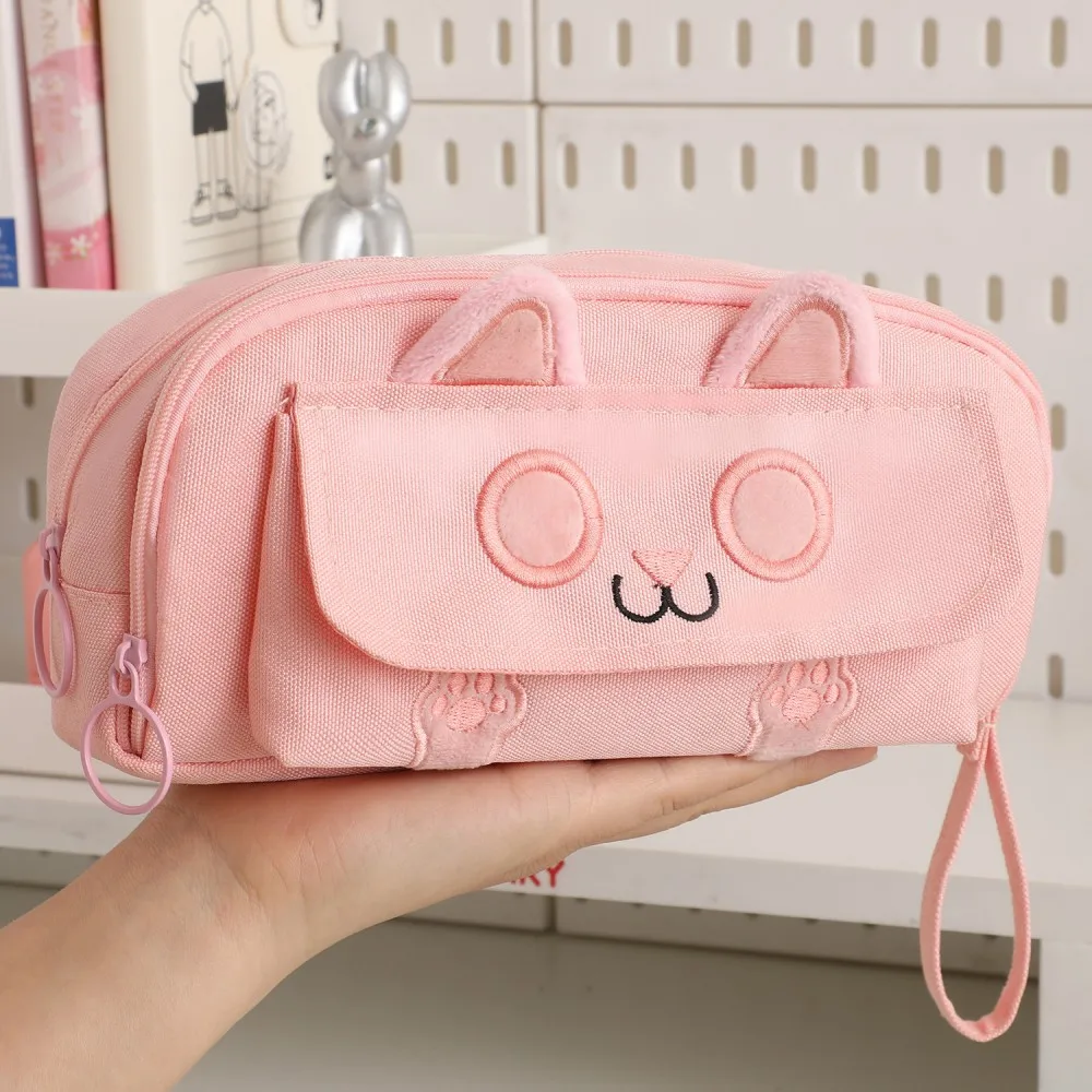 Embroidered Black Cat Pencil Case 4 Layer LargeCapacity Student Stationary Boxes Portable Pen Storage Bag Office School Supplies