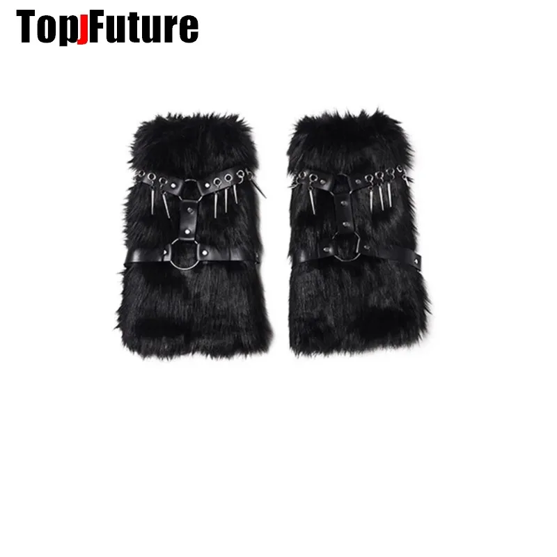 Women UNISEX Harajuku Steampunk Furry Leg Warmer Y2K Girl Gothic Rivet Metal Buckle Faux Fur Boot Covers Streetwear Leg Warmers